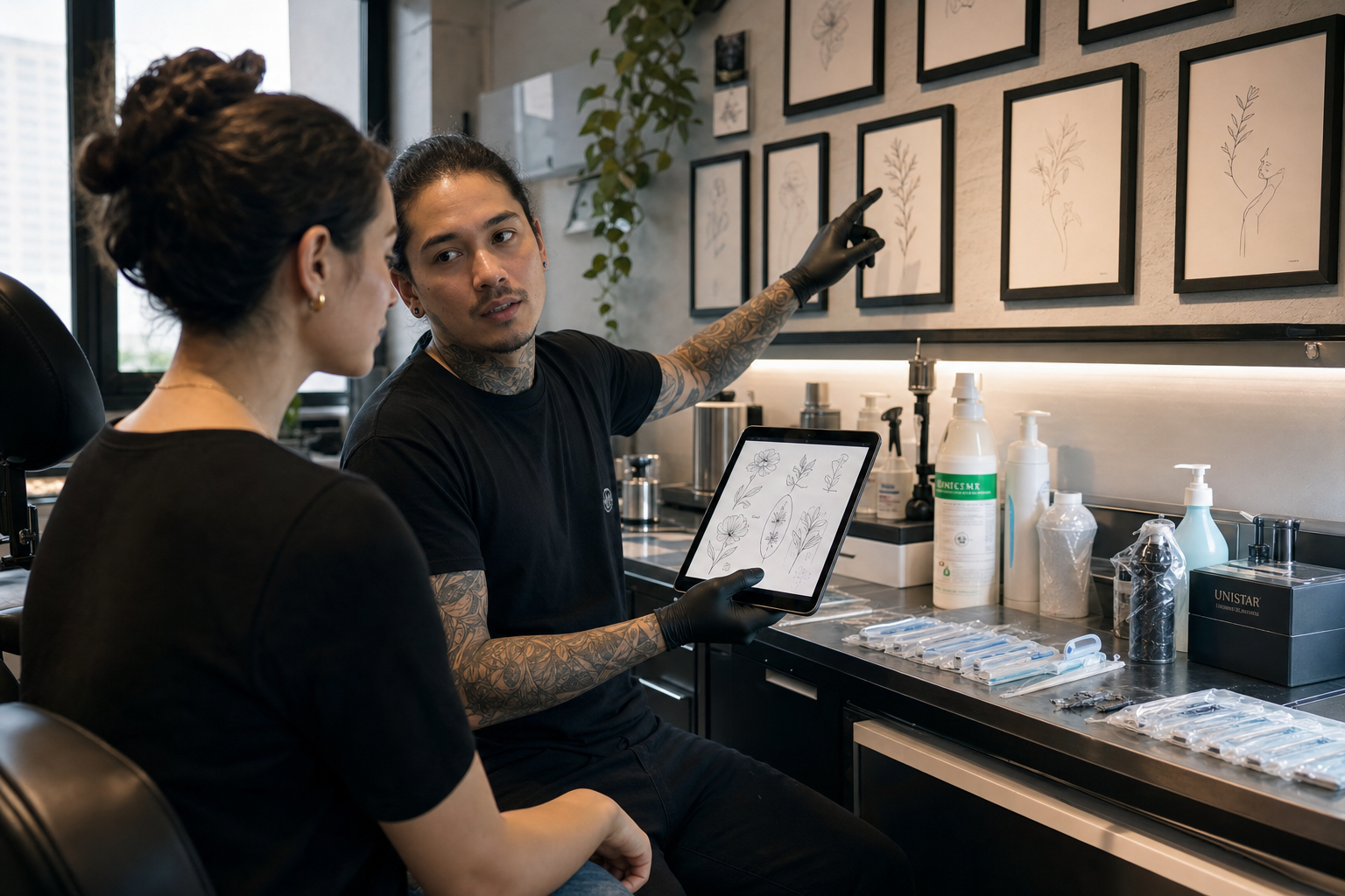 Fineline tattoo artiest aan het werk