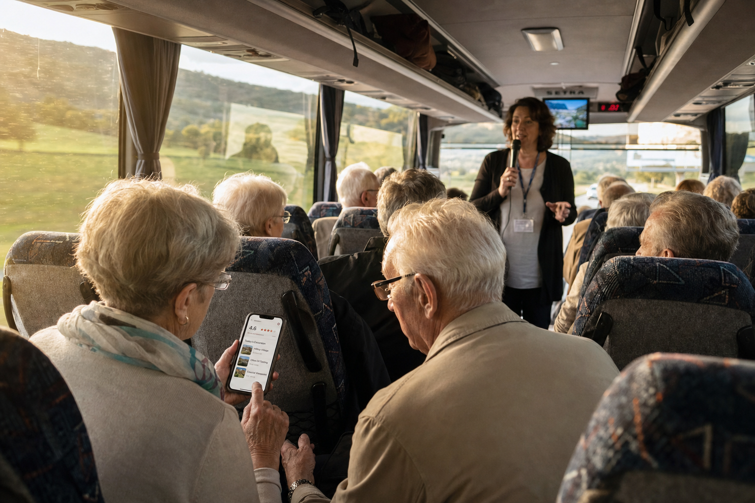 Reisleider met seniorengroep tijdens excursie