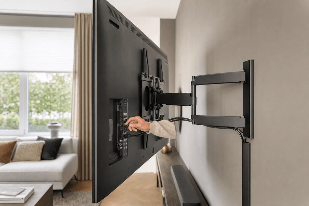 Welke afstand tot de muur (uitzwaai/arm-lengte) is ideaal bij een tv beugel 75 inch om voldoende ventilatie, kabelruimte en toegang tot poorten te behouden?